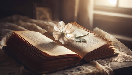 Крупный план открытой, старой книги с пожелтевшими страницами, между которыми лежит нежный засушенный кленовый лист или цветок, отбрасывающий мягкую тень на страницу, — все это освещено мягким изображением, созданным с помощью искусственного интеллекта - yuyu