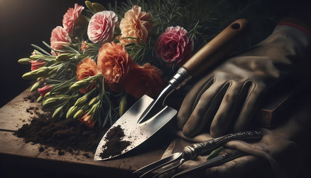 Вертикальная композиция из деревенской деревянной садовой скамейки, на которой лежат пара изношенных садовых перчаток, испачканных землей, блестящий металлический секатор и пустой терракотовый горшок. Изображение создано с помощью искусственного интеллект - yuyu