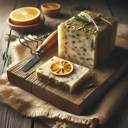 Вертикальная композиция: деревянная доска со свежевырезанным куском натурального мыла, демонстрирующая свою текстурированную внутреннюю поверхность с вкраплениями сушеных трав и цедры цитрусовых, рядом кусачки для проволоки, мыло лежит на куске мешковины. - yuyu