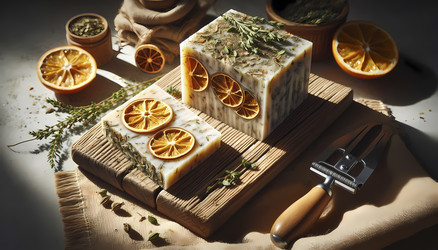 Вертикальная композиция: деревянная доска со свежевырезанным куском натурального мыла, демонстрирующая свою текстурированную внутреннюю поверхность с вкраплениями сушеных трав и цедры цитрусовых, рядом кусачки для проволоки, мыло лежит на куске мешковины. - yuyu