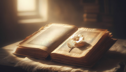 Крупный план открытой, старой книги с пожелтевшими страницами, между которыми лежит нежный засушенный кленовый лист или цветок, отбрасывающий мягкую тень на страницу, — все это освещено мягким изображением, созданным с помощью искусственного интеллекта - yuyu