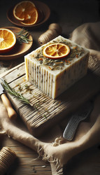 Вертикальная композиция: деревянная доска со свежевырезанным куском натурального мыла, демонстрирующая свою текстурированную внутреннюю поверхность с вкраплениями сушеных трав и цедры цитрусовых, рядом кусачки для проволоки, мыло лежит на куске мешковины. - yuyu