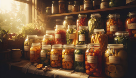 Вертикальная композиция из аккуратных рядов стеклянных банок для консервирования, наполненных разноцветными соленьями, джемами и компотами, расставленных на деревянных полках в кладовой, с прикрепленными к ним рукописными этикетками, все это освещено тепл - yuyu