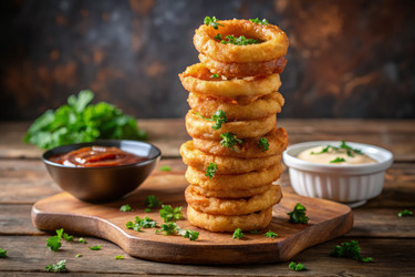 Луковые кольца, сложенные стопкой, с соусами для макания на деревянной доске. Генеративный ИИ - RomanZ