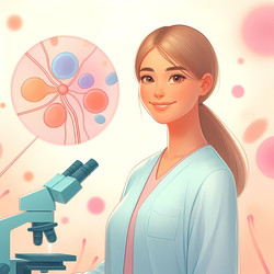 Улыбающийся эмбриолог в пастельной медицинской одежде стоит перед абстрактными микроскопическими образцами — изображение, сгенерированное искусственным интеллектом - yuyu