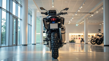 Мотоцикл Yamaha представлен в современном выставочном зале. Генеративный искусственный интеллект - RomanZ