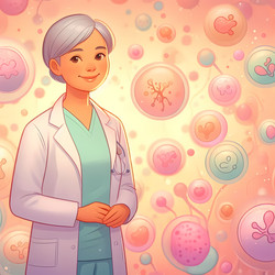 Улыбающийся эмбриолог в пастельной медицинской одежде стоит перед абстрактными микроскопическими образцами — изображение, сгенерированное искусственным интеллектом - yuyu