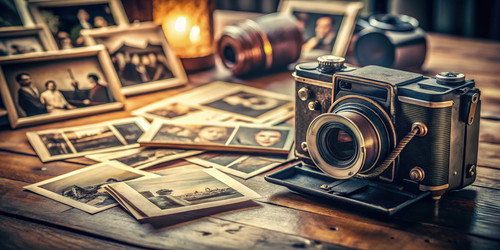 Выцветший объектив фотоаппарата Polaroid на деревянном столе со старыми фотографиями. Генеративный искусственный интеллект - RomanZ