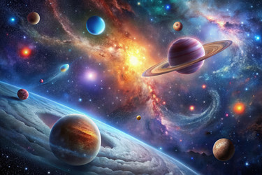 Обширная галактика, заполненная планетами и яркими туманностями. Генеративный ИИ - RomanZ