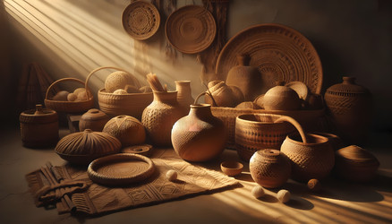 Корзины и коробки ручной работы из бананового волокна, расположенные на поверхности из натурального камня в этническом, деревенском стиле. Изображение создано с помощью искусственного интеллекта - yuyu