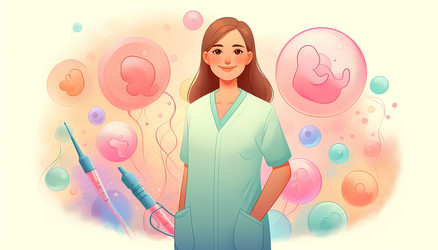 Улыбающийся эмбриолог в пастельной медицинской одежде стоит перед абстрактными микроскопическими образцами — изображение, сгенерированное искусственным интеллектом - yuyu