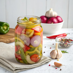 Маринованный лук и различные овощи в прозрачной банке. Генеративный искусственный интеллект - RomanZ