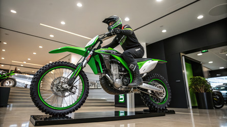 Внедорожный мотоцикл Kawasaki представлен в современном выставочном зале. Генеративный искусственный интеллект - RomanZ