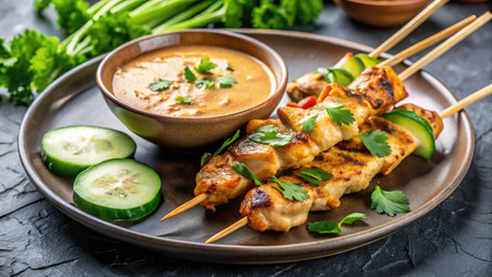 Жареный куриный сатай с арахисовым соусом и огурцами. Генеративный искусственный интеллект - RomanZ