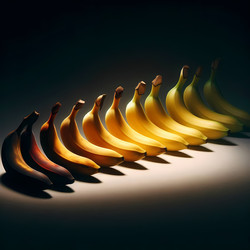 Three bananas at different stages of ripeness—green, yellow, and spotted—artistically lit to highlight their unique characteristics, Ai generated image - yuyu