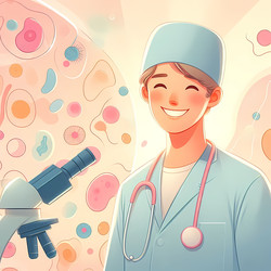 Улыбающийся эмбриолог в пастельной медицинской одежде стоит перед абстрактными микроскопическими образцами — изображение, сгенерированное искусственным интеллектом - yuyu