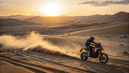 Мотоцикл Ducati Multistrada пересекает обширный пустынный ландшафт на закате. Генеративный искусственный интеллект - RomanZ