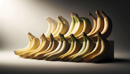 Three bananas at different stages of ripeness—green, yellow, and spotted—artistically lit to highlight their unique characteristics, Ai generated image - yuyu
