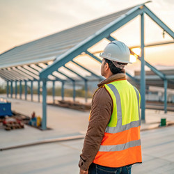 Инженер наблюдает за строительной площадкой, измеряя масштаб. Генеративный ИИ - RomanZ