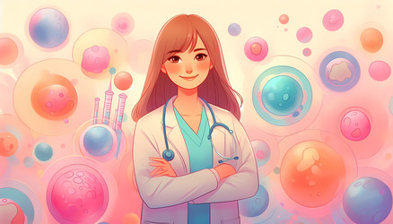 Улыбающийся эмбриолог в пастельной медицинской одежде стоит перед абстрактными микроскопическими образцами — изображение, сгенерированное искусственным интеллектом - yuyu
