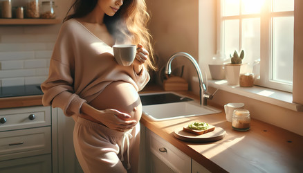 Беременная женщина в пижаме стоит у кухонного окна, держа в руках кружку чая и тост с авокадо. Изображение, созданное искусственным интеллектом - yuyu