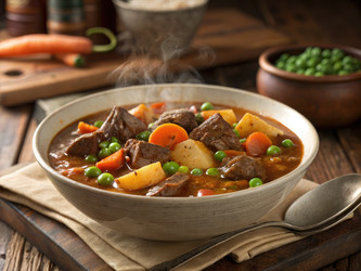 Вкусное рагу из оленины с овощами в уютной обстановке. Генеративный искусственный интеллект - RomanZ