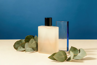 Men’s Perfume in Frosted White Glass on Minimalist Display. Generative AI - RomanZ