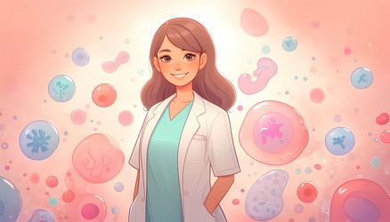 Улыбающийся эмбриолог в пастельной медицинской одежде стоит перед абстрактными микроскопическими образцами — изображение, сгенерированное искусственным интеллектом - yuyu
