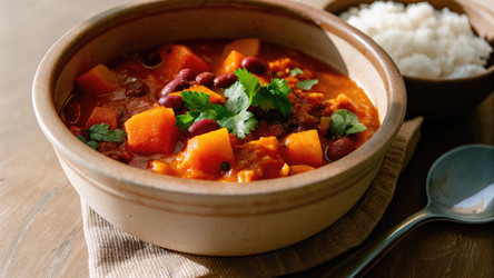 Вкусное рагу из кабачков и фасоли на деревенском деревянном столе. Генеративный ИИ - RomanZ