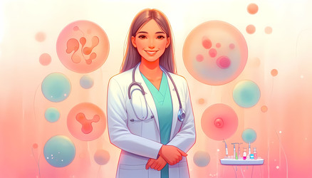 Улыбающийся эмбриолог в пастельной медицинской одежде стоит перед абстрактными микроскопическими образцами — изображение, сгенерированное искусственным интеллектом - yuyu