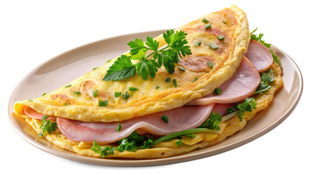 Вкусный омлет с ветчиной и сыром на белой тарелке. Генеративный ИИ - RomanZ