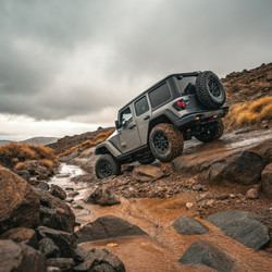 Jeep Wrangler Rubicon покоряет каменистую местность в условиях пересеченной местности. Генеративный искусственный интеллект - RomanZ