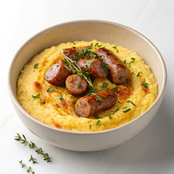 Вкусное блюдо из поленты и колбасок, подаваемое в миске. Генеративный искусственный интеллект - RomanZ