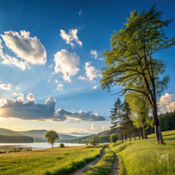 Безмятежный пейзаж с тропинкой и озером на закате. Генеративный искусственный интеллект - RomanZ