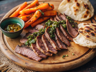 Вкусная нарезанная говядина с соусом чимичурри, подается с морковью. Генеративный искусственный интеллект - RomanZ