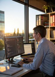 Эксперт, работающий с Oracle Soa Suite в компании Sunset в современном офисе. Генеративный ИИ - RomanZ