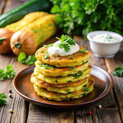 Вкусные оладьи из цукини, подаваемые со свежей зеленью. Генеративный искусственный интеллект - RomanZ