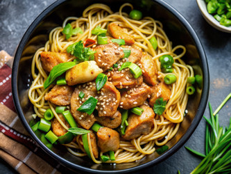 Вкусное жареное блюдо из курицы и лапши с кунжутом и зеленью. Генеративный искусственный интеллект - RomanZ