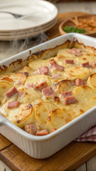 Классическая запеканка из ветчины и картофеля с сыром, подается в теплом виде. Генеративный искусственный интеллект - RomanZ