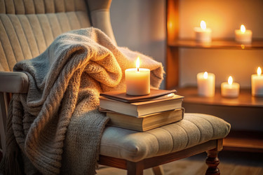 Уютный уголок для чтения с мягким светом свечей и книгами. Генеративный ИИ - RomanZ