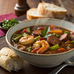 Вкуснейшее гамбо с креветками и колбасками в креольском стиле, подается горячим. Генеративный искусственный интеллект - RomanZ