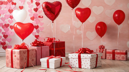 Heart Balloons and Gift Boxes for Valentine’s Day Celebration. Generative AI - RomanZ