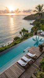 Бесконечный бассейн с видом на океан и закат в отеле Tropical Retreat. Генеративный искусственный интеллект - RomanZ