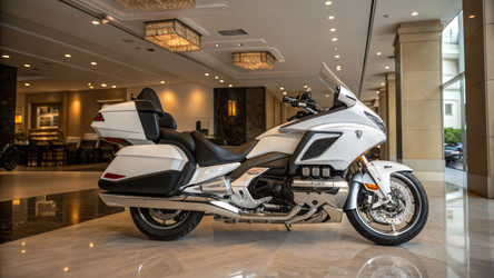 Мотоцикл Honda Touring припаркован в роскошном интерьере. Генеративный искусственный интеллект - RomanZ