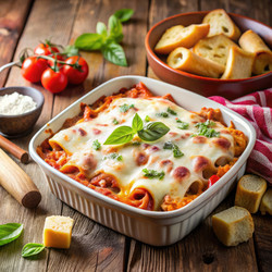 Запеканка из макарон с сыром, пылающая в уютной деревенской обстановке. Генеративный искусственный интеллект - RomanZ