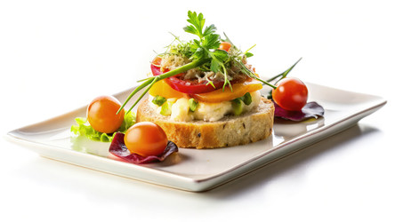 Вкусная закуска из свежих ингредиентов на белом фоне. Генеративный искусственный интеллект - RomanZ