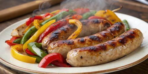 Вкусные колбаски с перцем, поданные на тарелке. Генеративный искусственный интеллект - RomanZ