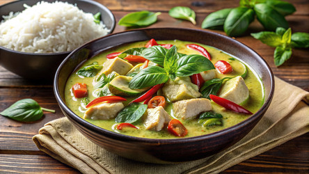 Вкусное зеленое карри с курицей, подается с рисом. Генеративный искусственный интеллект - RomanZ