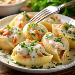 Вкусные фаршированные морепродуктами ракушки с сливочным соусом. Генеративный искусственный интеллект - RomanZ