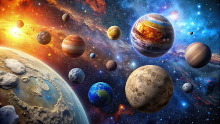 Планеты и астероиды в красочном космическом пейзаже. Генеративный искусственный интеллект - RomanZ